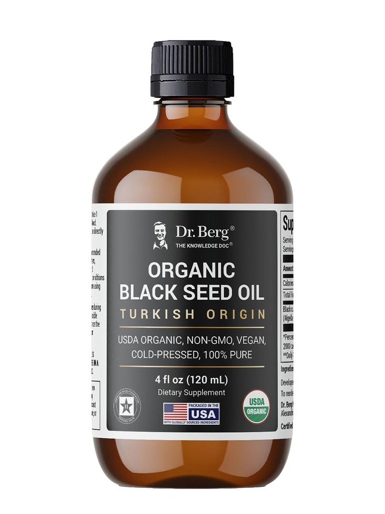 Dr Berg Black Seed Oil Organic Cold Pressed – Pure Nigella Sativa Black Cumin Oil – USDA Organic, Halal, Vegan – Hair, Skin, Immune Support – Unrefined Vedel – 4 oz Glass Pudel