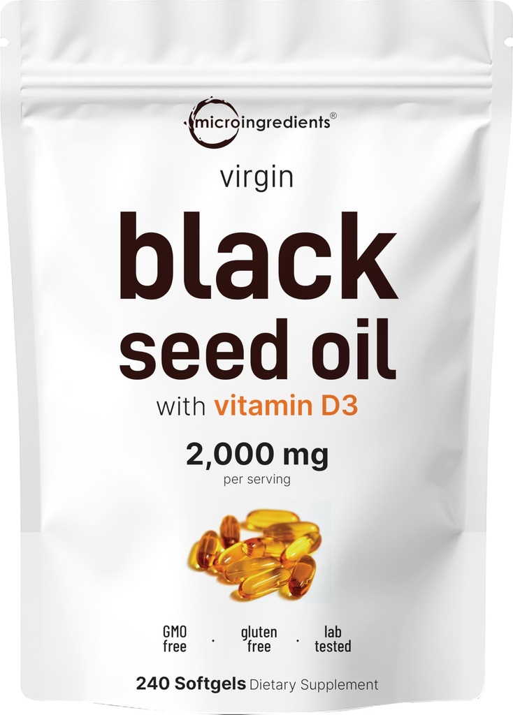 Mikrokoostisosad mustseemneõli vitamiin D3 1000 RÜ, 240 Softgels | 2000 mg Black Seed Oil per Serving | Nigella Sativa Oil | 2-in-1 rafineerimata Seed Oil Formula | Non-GMO, cGMP Valmistatud