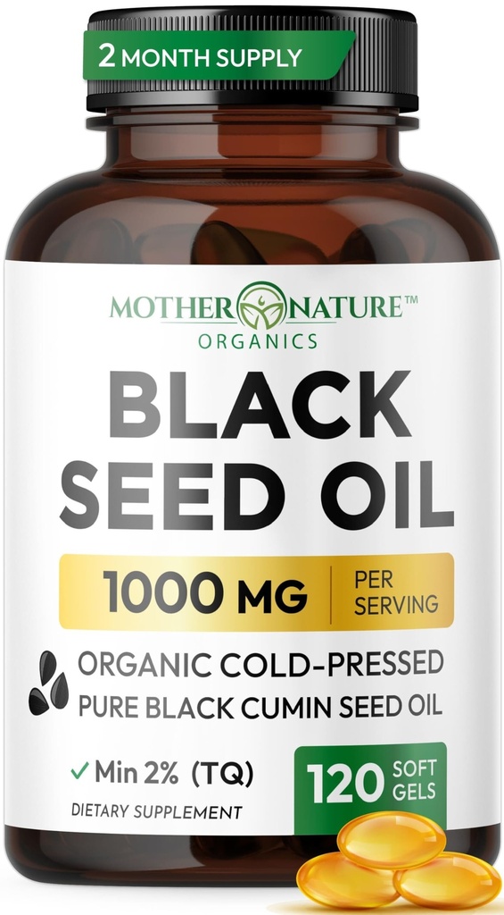 Musta seemne õli kapslid 1000mg, orgaaniline külmpressitud must Cumin, kõrge TQ, immuunsus ja ühine tugi, 120 Count (2 kuu pakkumine)