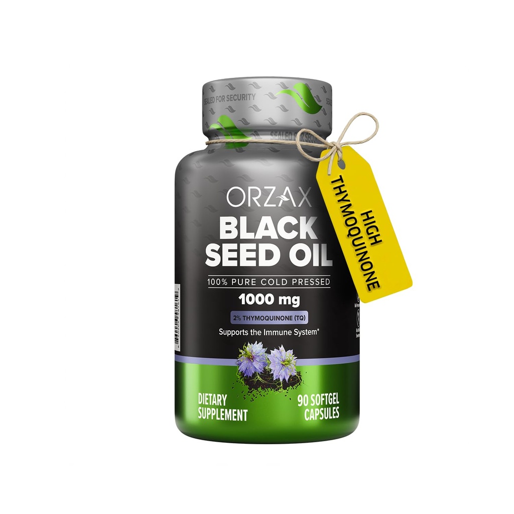 ORZAX Black Seed Oil Cold Pressed 100% Pure | Non-GMO - Rich Omega 3 6 9 & Thymoquinone | Black Cumin Nigella Sativa Oil for Immune Support, Hair, Skin, Face (1000 mg - 90 Softgel kapslid)