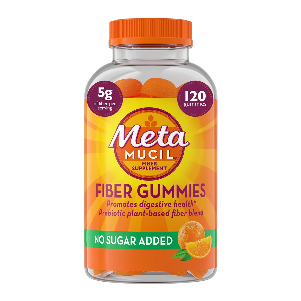 Metamucil Fiber Gummies täiskasvanutele, suhkrulisandita Apelsini maitse, 5 g Prebiootiline Taimne Fiber Supplement Blend, 120 Count