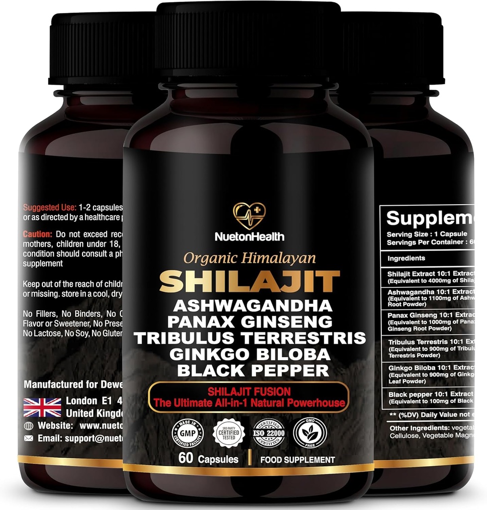 Himaalaja Shilajit kapslid Ashwagandha, Ginseng, Tribulus, Ginkgo & Black Pepper - Vegan, Gluteenivaba botaaniline segu igapäevaseks heaoluks ja elujõuks - 60 kapslit