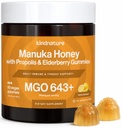 KINDNATURE Manuka Honey Medical Grade Gummies MGO 643+ - Uus-Meremaa Manuka Honey koos tsingi, C-vitamiini, Elderberry - Throat Comfort & Immune Support - Lapsed ja täiskasvanud