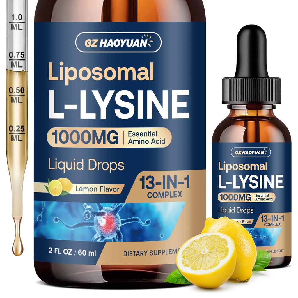 Liposomaalne L-lüsiin 1000MG Vedelad tilgad, 13-in-1 lüsiini toidulisandid - monolauriin, oliivilehe ekstrakt C-vitamiiniga, B6, D3, B12 ja tsink kollageeni, huulte, naha ja immuunsuse toetamiseks lastele ja täiskasvanutele, 2oz
