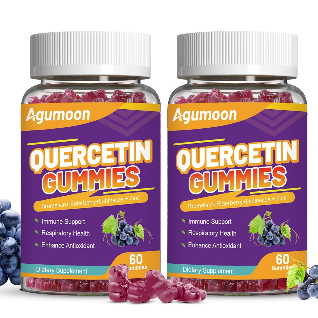 2 Pack Quercetin Gummies, 1000mg Quercetin Bromelain Zinc Elderberry, Immune & Antioxidant Support, Vegan Gummies täiskasvanutele ja lastele, 120 Count