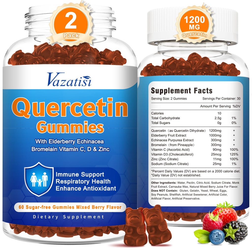 2 Pack Quercetin koos Bromelain Gummies, Quercetin koos C-vitamiini tsink ja Elderberry immuunsüsteemi ja allergia, näritav ja vegan Gummies, segatud marjamaitse 120 Cts