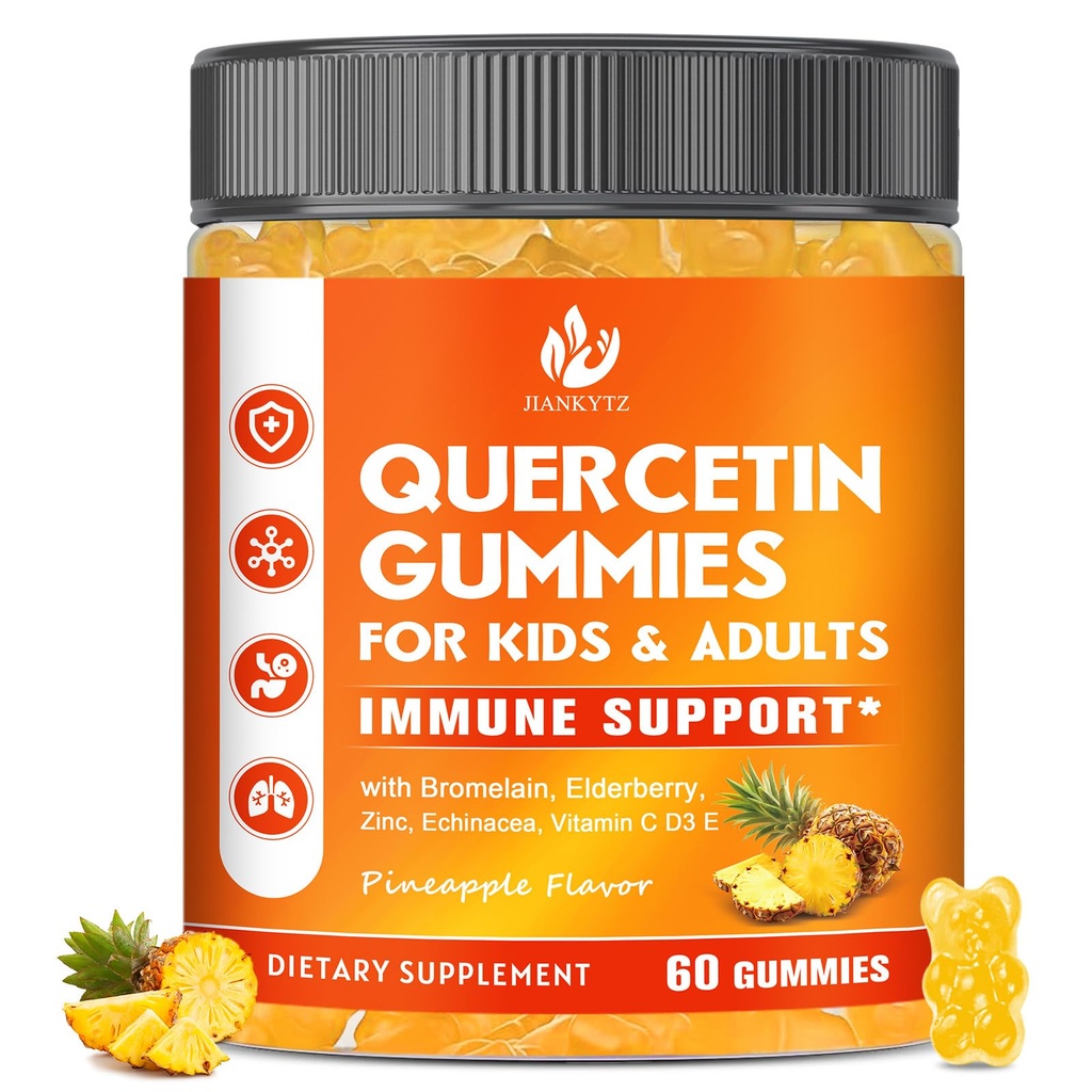 Suhkruvaba Quercetin Bromelain Gummies lastele ja täiskasvanutele - Immuunsus, antioksüdant, hooajaline tugi, 1000mg Quercetin toidulisandeid Bromelain, tsink, Elderberry, vitamiin C D3 E, Vegan, 60 Count