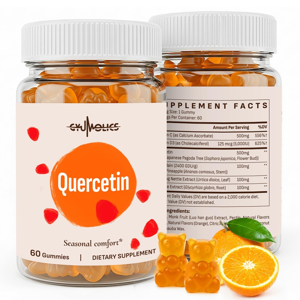 Quercetin 500mg Gummies for Kids - Bromelain, C & D3, Stinginging Nettle & Lagrice, Hooajaline tasakaal & kehakaitse, Vegan, 120 Gummies