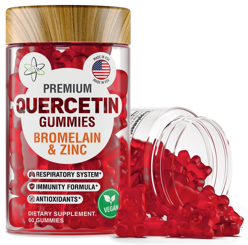 BioVit Quercetin Gummies 500MG - aktiveeritud Quercetin lastele ja täiskasvanutele Immuunsüsteem ja allergia - näritav bromelain, tsink, C-vitamiin, D3-vitamiin - valmistatud USA-s - 60 Vegan Gummy Bears
