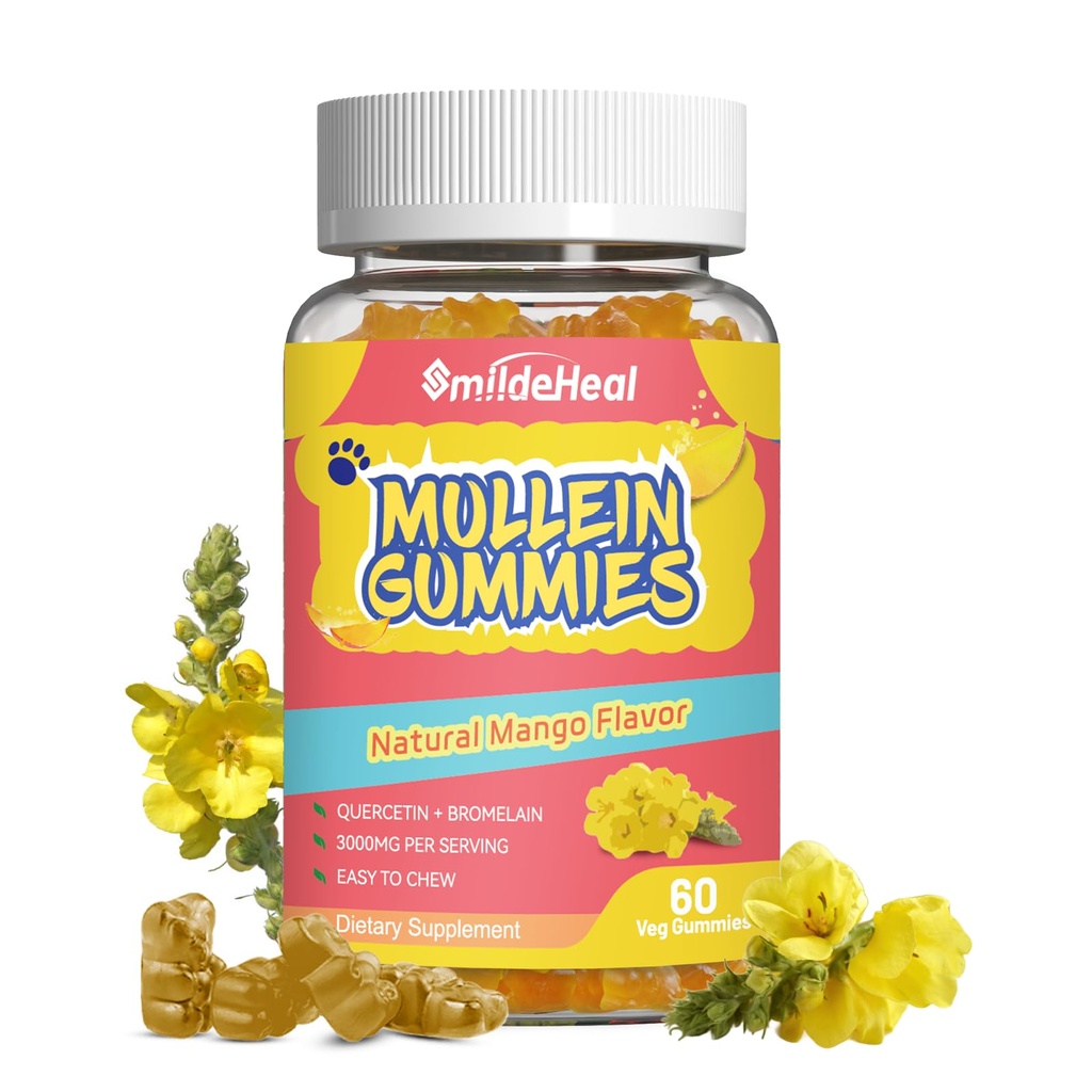 Mullein Gummies 3000MG, Sugar Free Mullein Gummies Bromelain & Quercetin, Mullein Leaf Extract Supplements Lungs, Vegan, 60 Count