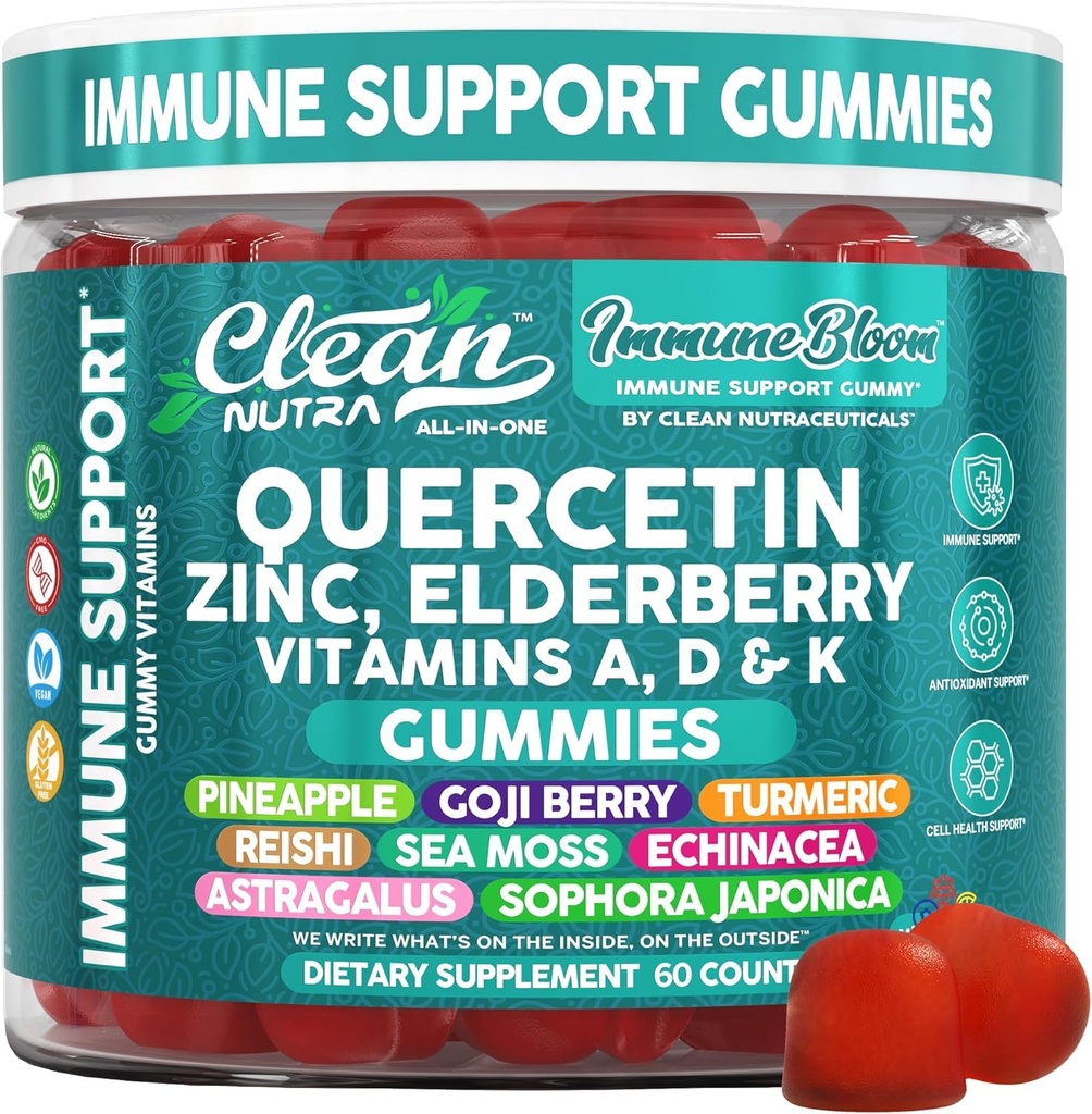 Puhas Quercetin Elderberry Immune Support Gummies | Tsink Vitamiin K2 D3 A Bromelain Goji Berry Turmeric Sea Moss Echinacea Astragalus Selenium Olive Leaf Immunity Supplement Kummi vitamiinid