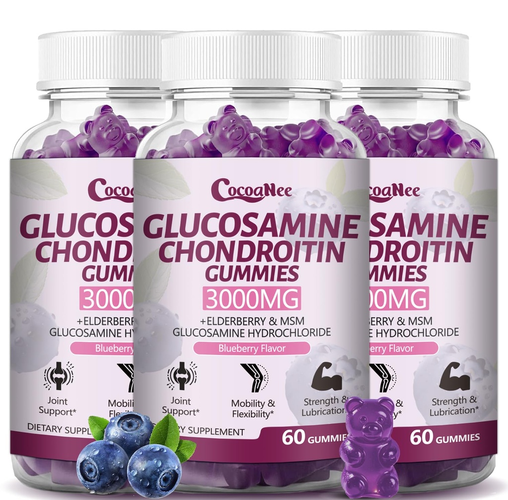 3 Pakendid 3000MG Glükoosamiin Kondroitiin Gummies, ekstra tugevusega ühine tugilisa koos MSM & Elderberry, paindlikkus, antioksüdantide immuuntugi Kummi täiskasvanutele, meestele ja naistele 180Cts