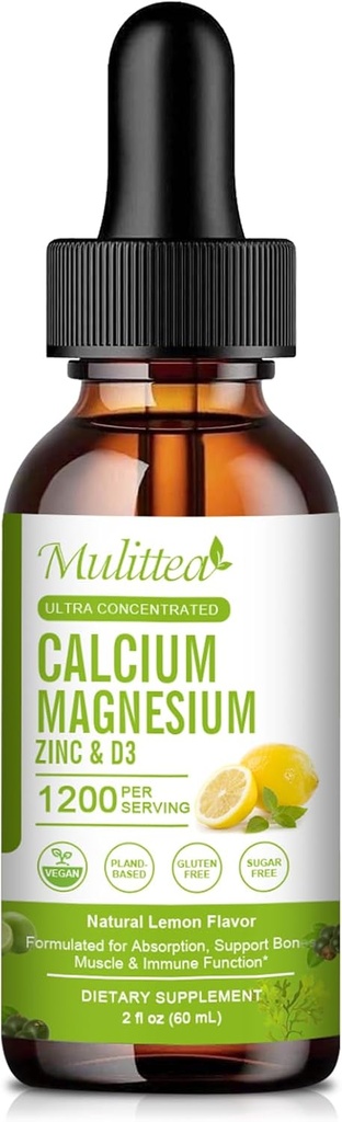 Kaltsium Magneesium Tsink Vedelik vitamiiniga D3, magneesiumglütsinaat Plus C-vitamiin K2| Kõrge neeldumisega Taim Kaltsiumilisand südamele ja luudele Gluteenivaba | 30 serveerimist | Sidrunimaitse