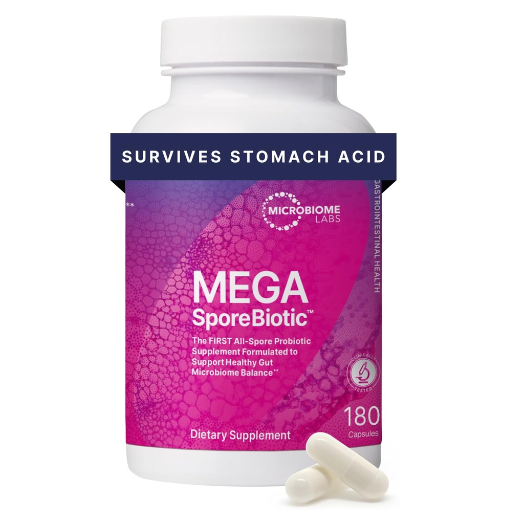 Microbiome Labs MegaSporeBiotic probiootikumid naistele ja meestele - Spore-Based probiootikum soolestiku tervise ja seedetrakti toetuseks - riiulil stabiilne, reisi-sõbralik, meeste ja naiste probiootikumid (180 kapslit)