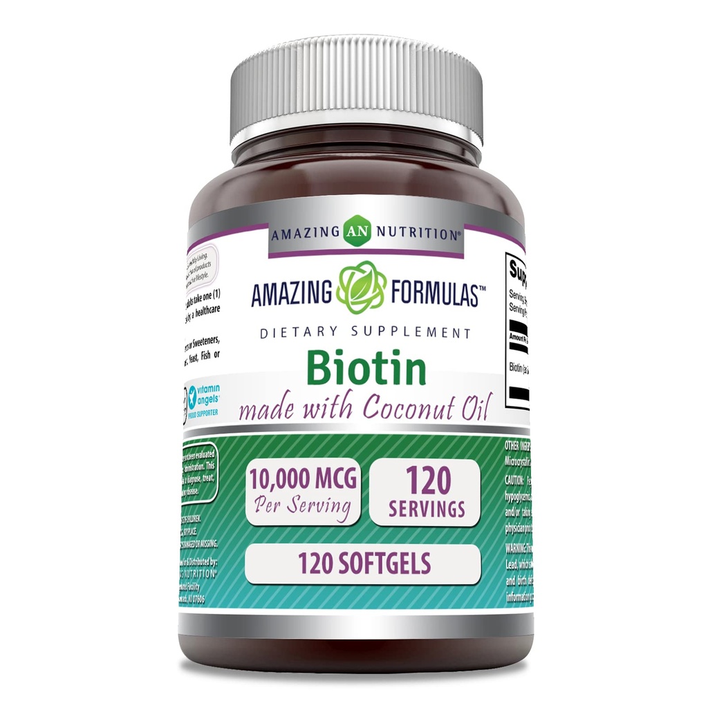 Amazing Formulas Biotin Extra Virgin Organic Coconut Oil Supplement | 10000 Mcg | 120 Softgels | Non-GMO | Gluteenivaba | Valmistatud USAs