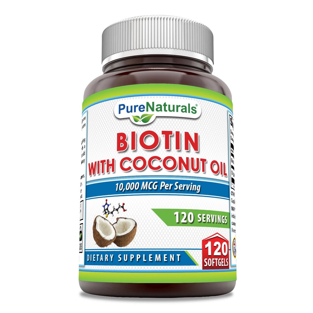 Pure Naturals Biotin 10000 Mcg Extra Virgin Organic Coconut Oil 120 Softgels | Non-GMO | Gluteenivaba | Valmistatud USAs