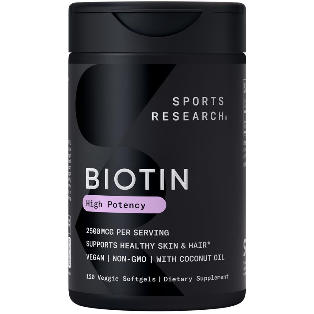 Sport Research® Biotin 2500mcg orgaaniline kookosõli - Biotiin (vitamiin B7) terve naha ja juuste toetamine * - naistele ja meestele - Vegan, GMO, Gluteen ja sojavaba - 120 Veggie Softgels