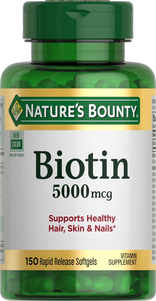 Looduse Bounty Biotin, toetab ainevahetust rakkude energia ja tervete juuste, naha ja küünte jaoks, 5000 mcg, 150 softgels