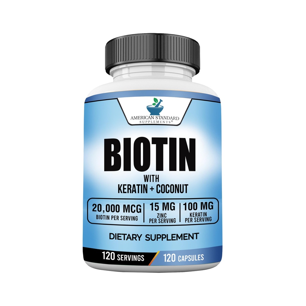 American Standard Supplements Biotin 200,000mcg koos Keratin, kookospähkli pulber ja tsink, Biotin täiendada naistele ja meestele, 120 Veggie kapslid, 120 päeva pakkumine