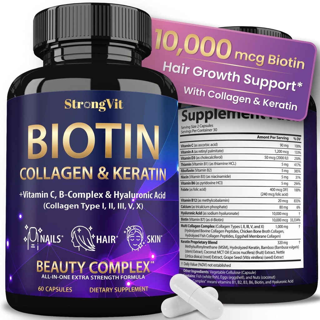 StrongVit Biotin koos hüaluroonhappe, Keratin ja kollageeni täiendused - 10000mcg juuste kasvu naised ja mehed - juuste naha ja küünte vitamiinid - 60 kapslit