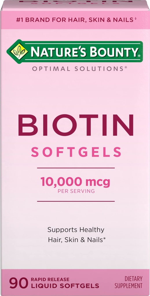 Looduse Bounty Biotin 10000mcg täiendus, toetab tervislikke juukseid, nahka ja küüneid, optimaalseid lahendusi juuste vitamiin biotiiniga, 90 kiiret vabastamist vedelad softgelid