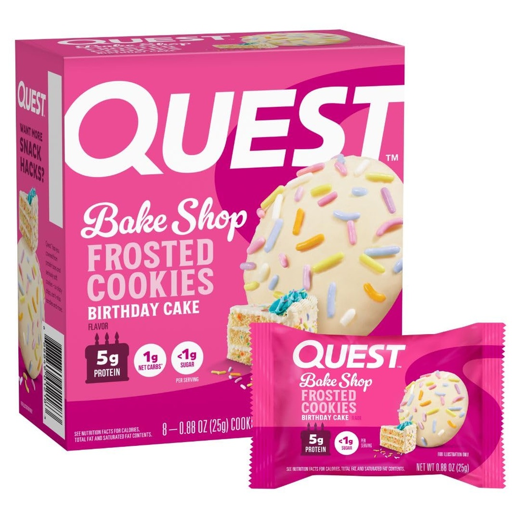 Quest Nutrition Frosted Protein Cookies, Birthday Cake, < 1 g suhkrut, 5 g valku, 1 g Net Carbs, Gluteenivaba, 8 küpsist