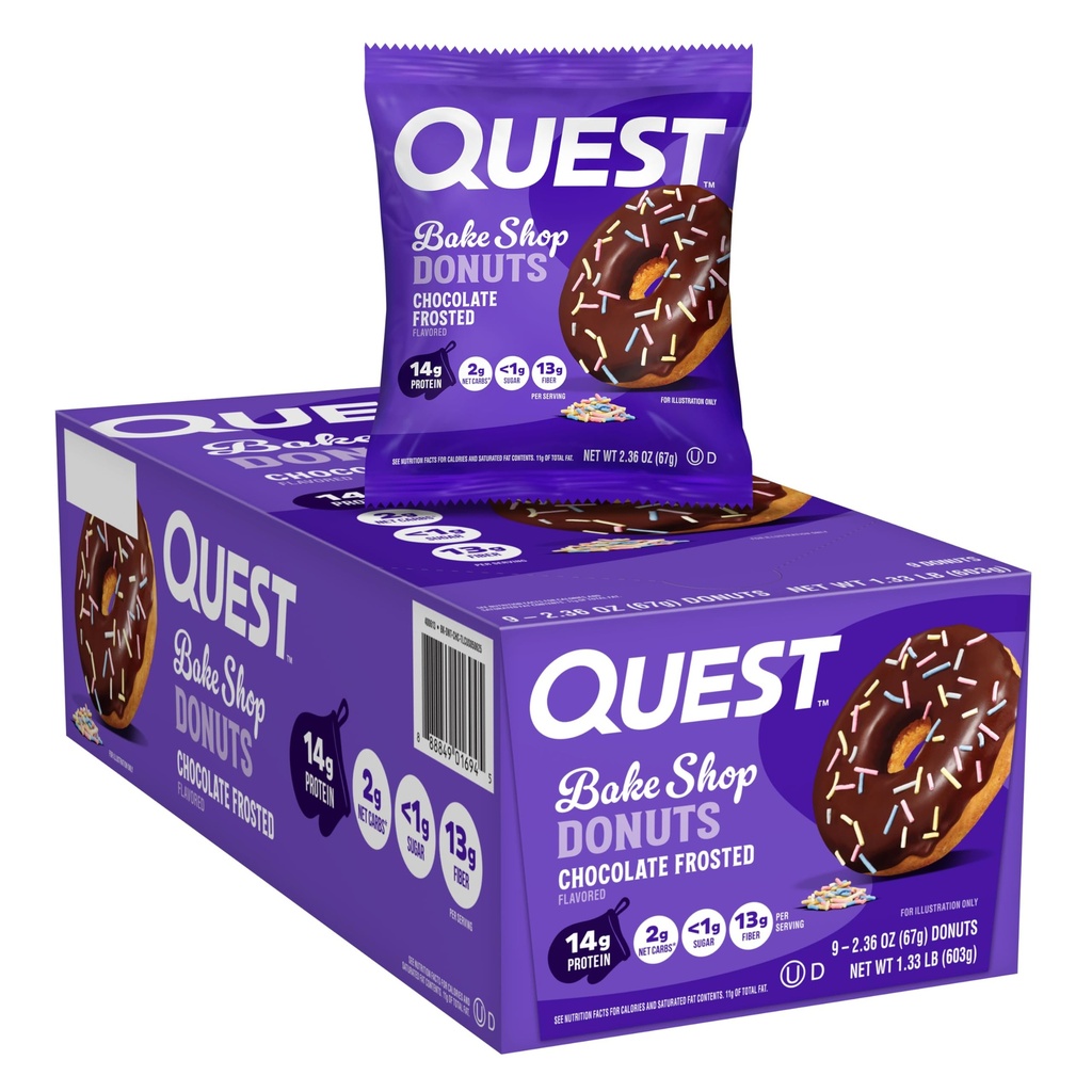 Quest Nutrition Bake Shop, Chocolate Frosted Donuts, 14 g valku, vähem kui 1 g suhkrut, valgu suupisted, madal suhkur, 9 krahv