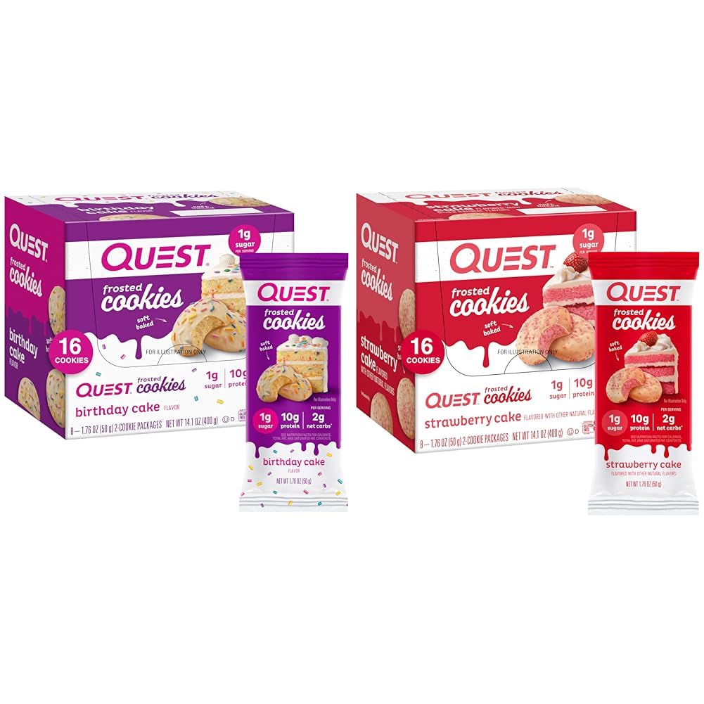 Quest Frosted Cookies Twin Pack with Birthday Cake 1g Suhkur 10g Valk 2g Net Carbs Gluteen Free 8 Count ja maasikakook 1g Suhkur 10g Valk 2g Net Carbs Gluteen Free 16 Küpsised