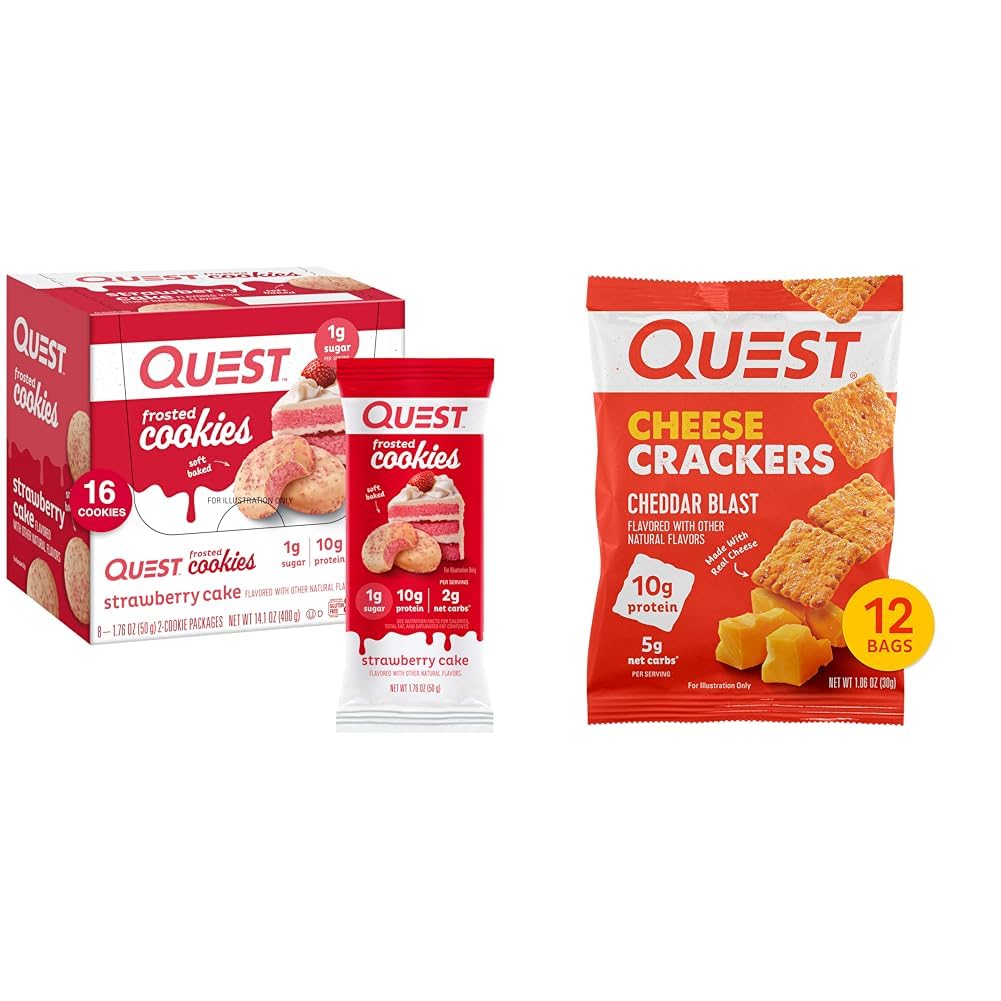Quest Nutrition Frosted Cookies Twin Pack, maasikakook, 1g suhkur, 10g valk, 2g Net Carbs & Cheese Crackers, Cheddar Blast, kõrge valk, madal carb, valmistatud tõelise juustuga, 12 Ct