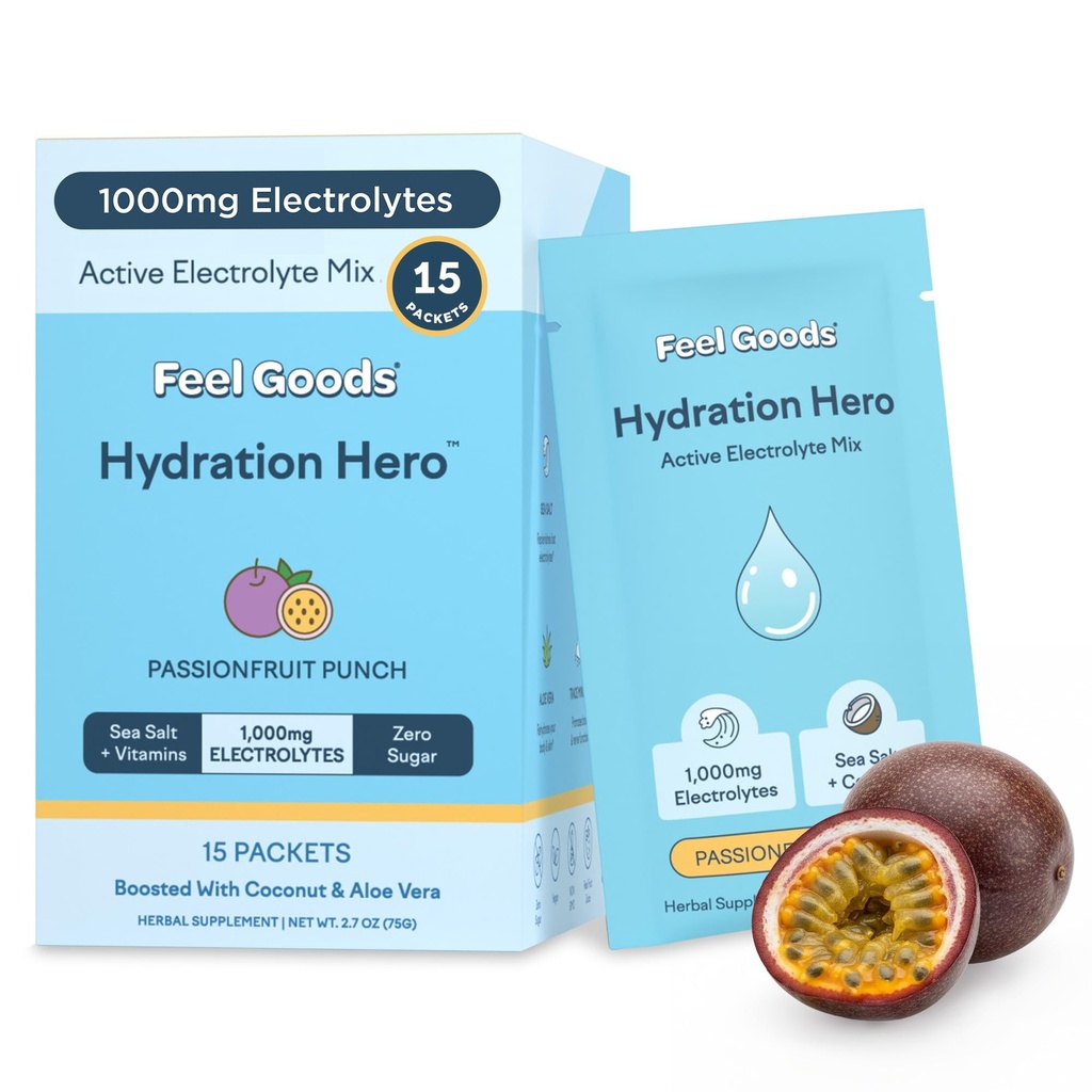 Feel Goods Hydration Hero, 1000 mg Elektrolüütide Pulber, Suhkruvaba, Magneesium, Orgaaniline Aloe Vera, L Theanine, Vitamiin C & B12, Keto, Vegan, Elektrolüütide paketid, Passion Fruit Punch, 15 Count