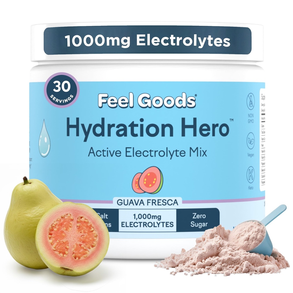 Feel Goods Hydration Hero, 1000mg Elektrolüütide Pulber, Suhkruvaba, Magneesium, Orgaaniline Aloe Vera, Orgaaniline Aloe, L Theanine, C & B12, Mitte-GMO, Keto, Vegan | Guava Fresca, 30 Servings