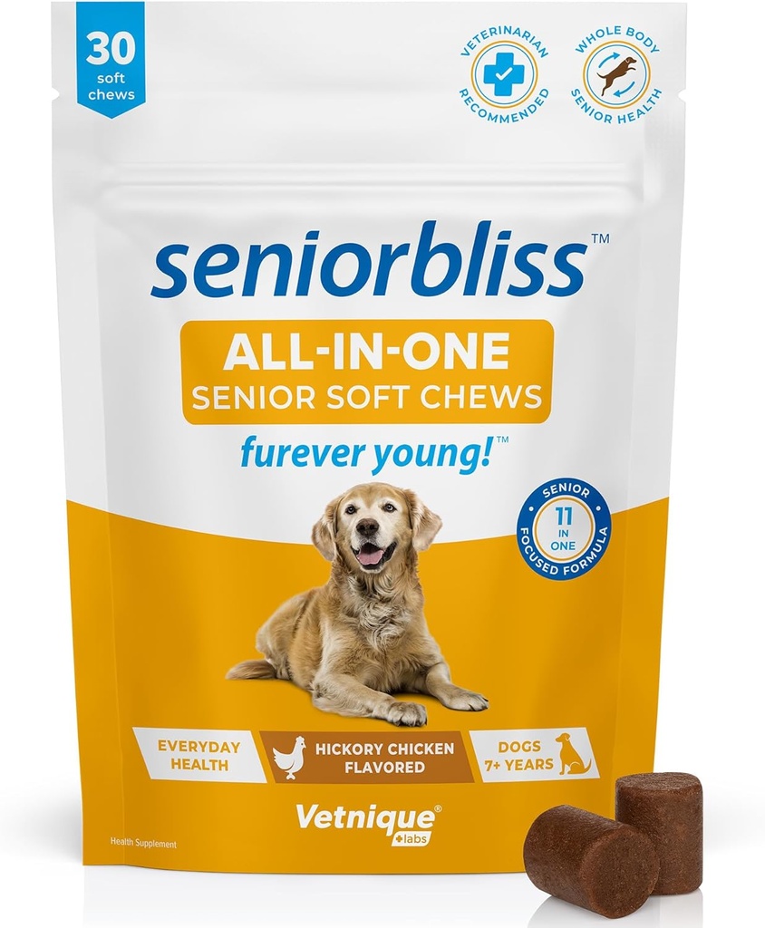 Vetnique Seniorbliss Senior Dog Multivitamiinid Glükoosamiini, Omega 3 Kalaõli ja Probiootikumid - Koerte liigeste, seedetrakti ja immuunsüsteemi toetamine optimaalse tervise jaoks (All-in-One Daily Vitamin, 30 Ct)