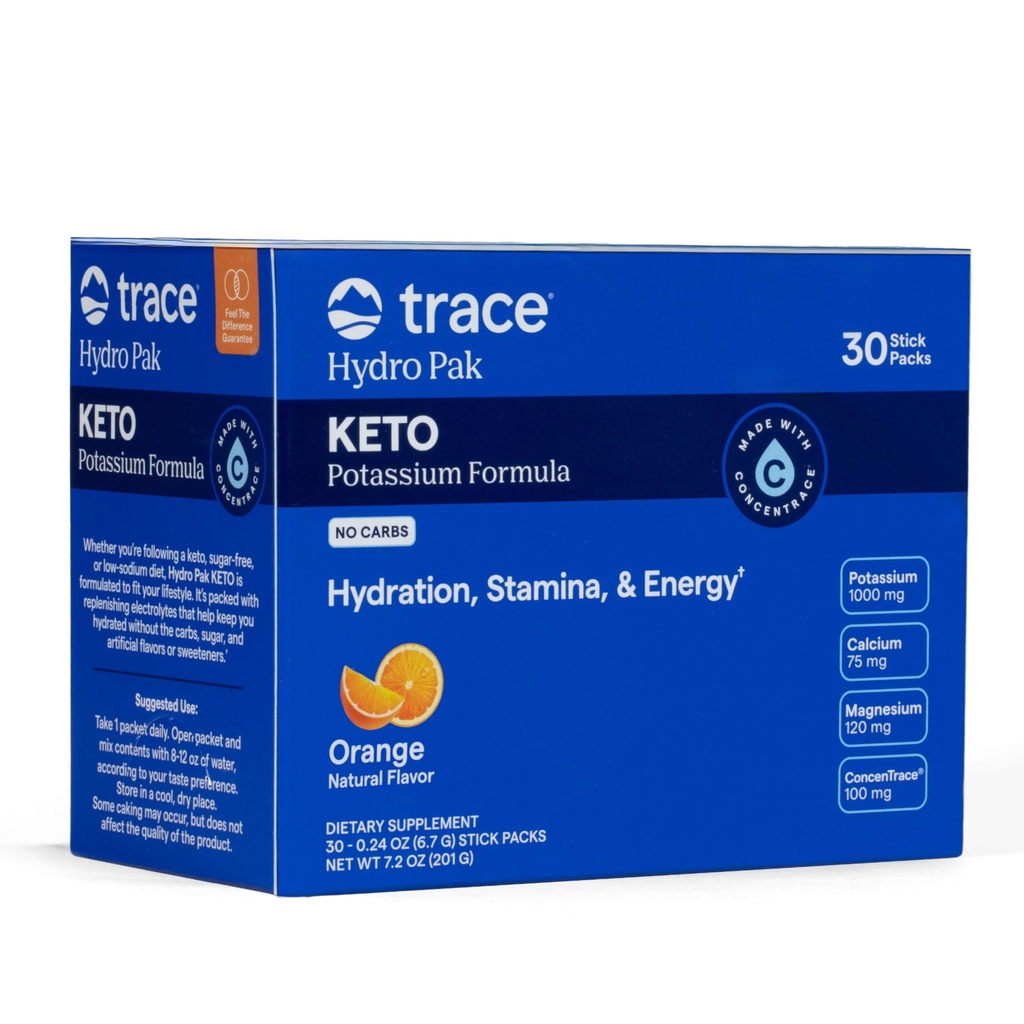 Trace Minerals Hydro Pak Keto - Elektrolüütide täiendamise Joogi Segu - 1000 mg Kaalium Plus 70 Toetab Energiat, Püsivust Ja Hüdreerimist - Oranž Maitse - 30 Servingut