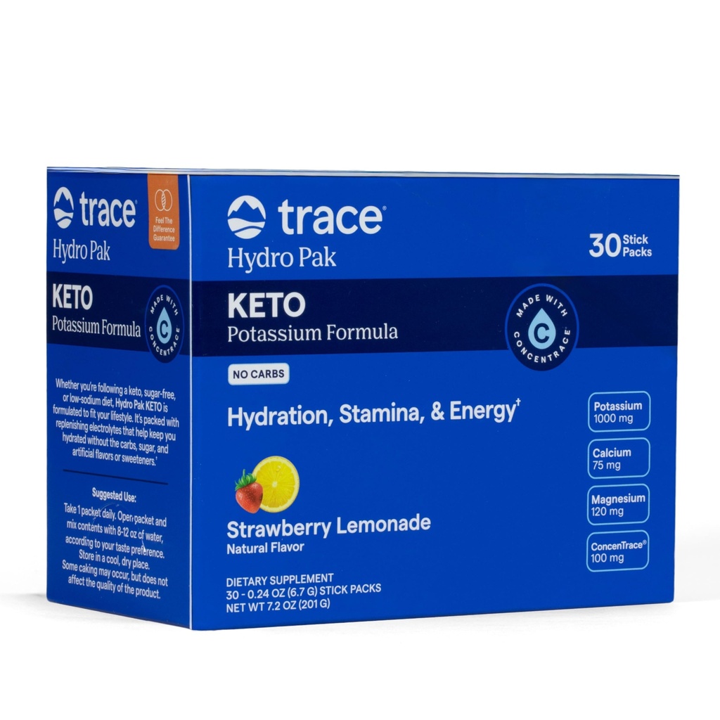 Trace Minerals Hydro Pak Keto - Elektrolüütide täiendamise Joogi Segu - 1000 mg Kaalium Plus 70 Toetab Energiat, Püsivust Ja Hüdreerimist - Maasika Lemonaadi Maitse – 30 Servingut
