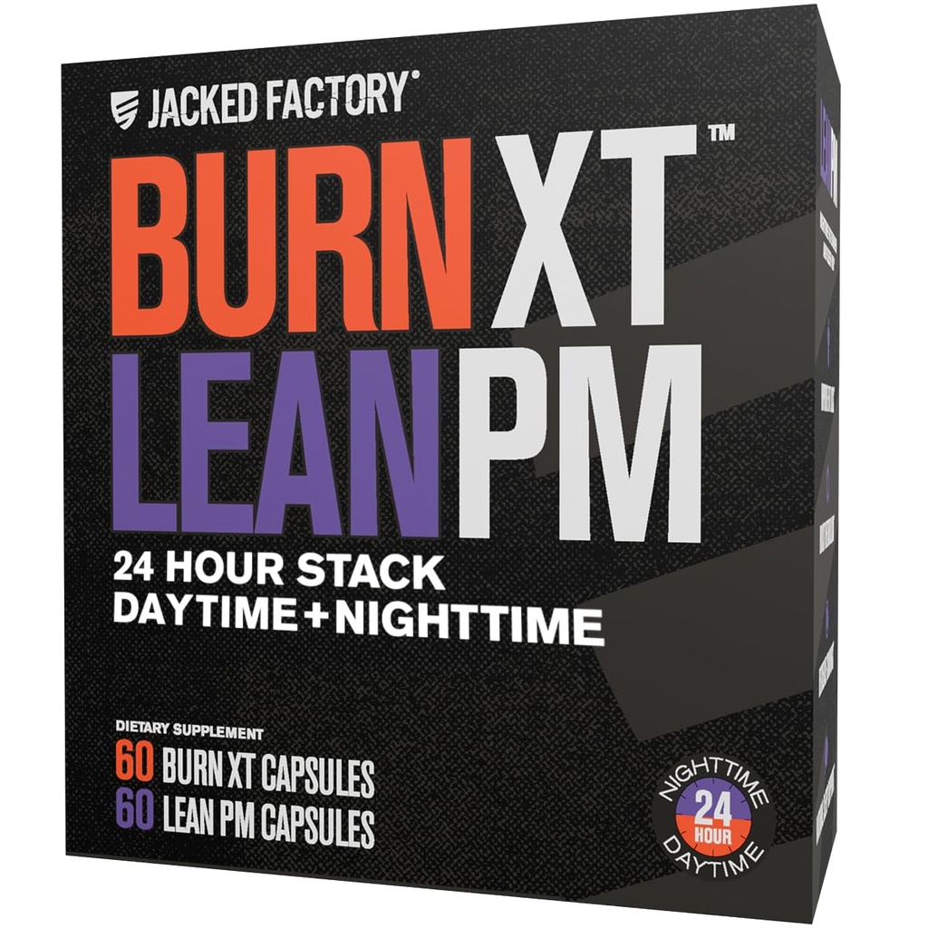 Jacked Factory Burn-XT + Lean-PM Kit - 24-tunnine kehakoostis ja ainevahetuse toetus Stack - Day & Night Formula - 60 Count, 2 Pack