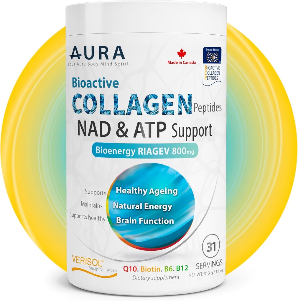 AURA VERISOL® Bioactive Collagen Peptides® pulber patenteeritud NAD+ & ATP võimendajatega, täiustatud rakkude noorendamise süsteem, tervislik vananemine ja DNA parandamine, maitsestamata, valmistatud Kanadas, 31 serveerimist.