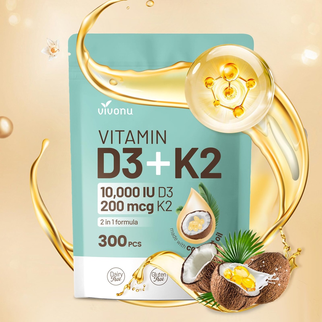 VivoNu Vitamiin D3 K2 10000 RÜ koos MK7-300 Neitsi Kookosõli Softgels, 2 in 1 Vitamiin D & K kompleks | Vitamiin D3 con K2 ((1Bag)