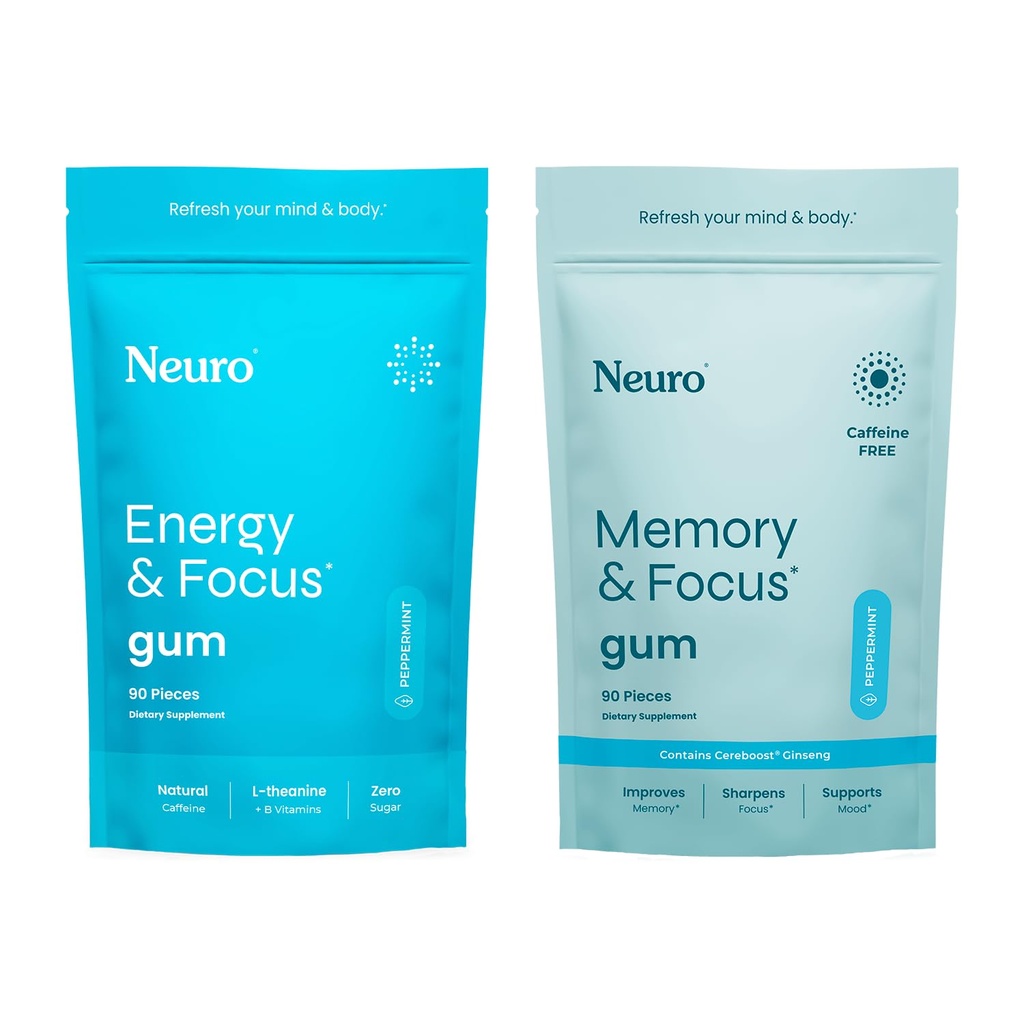 Neuro Focus Set - 90 Loe iga (Peppermint) - suhkruvaba Nootroopne närimiskummid loodusliku kofeiini, L-Theanine, B-vitamiinid ja ženšenn energia, häire ja selgus