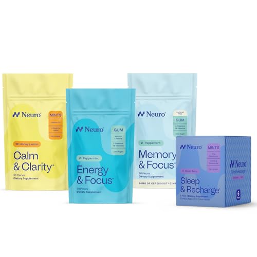 Neuro Day to Night Brain Support Bundle - Energy & Focus Gum, Memory & Focus Gum (Peppermint, 90 Count), Sleep & Recharge Mints (Mixed Berry, 72 Count), Calm & Clarity Mint (Honey Lemon, 90 Count)