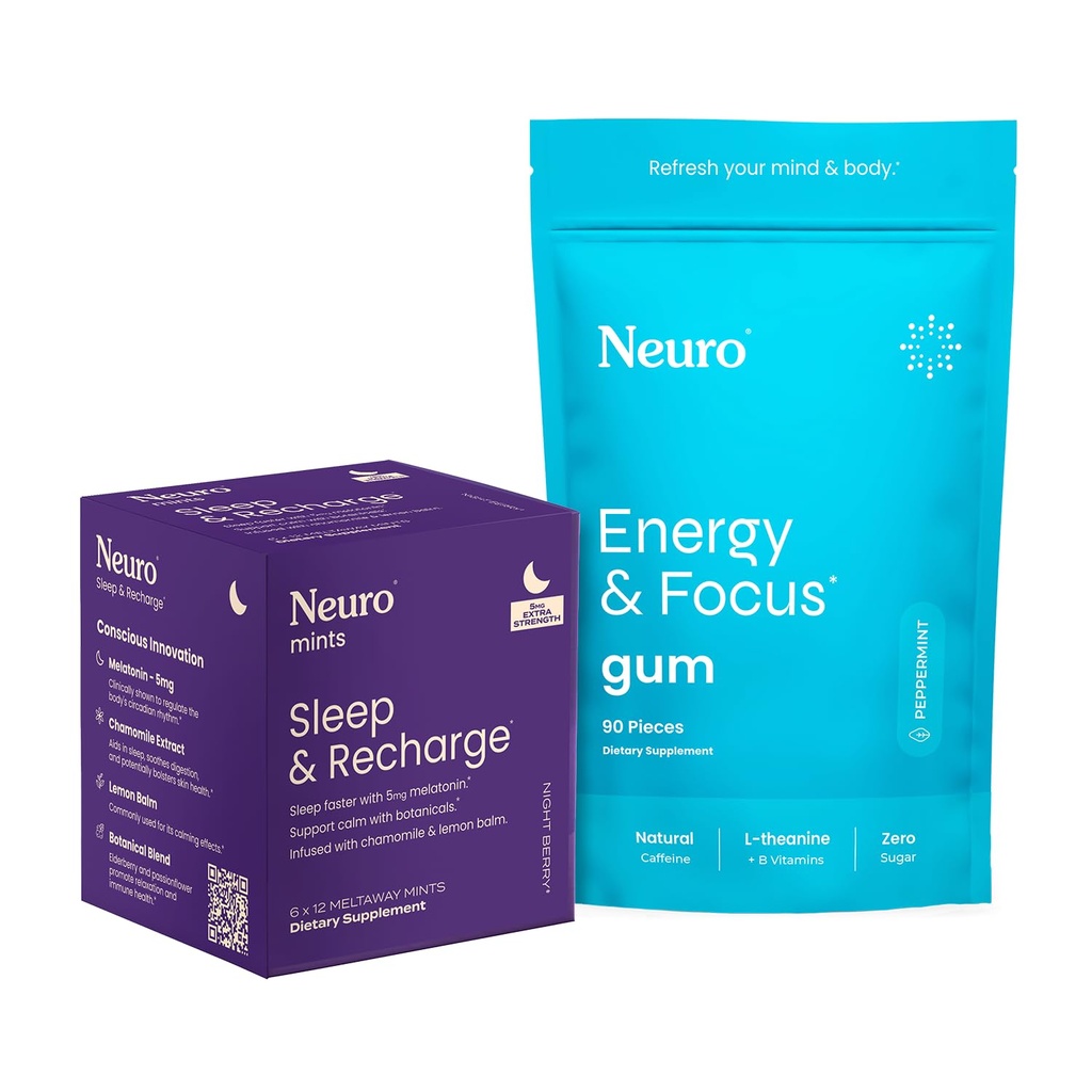 Neuro Energy & Sleep Bundle - Energy & Focus Gum (Peppermint, 90 Count) + Melatoniin 5mg Sleep & Recharge Mints (Öö Berry, 72 tükki) - Päevane fookus ja öine puhketoetus