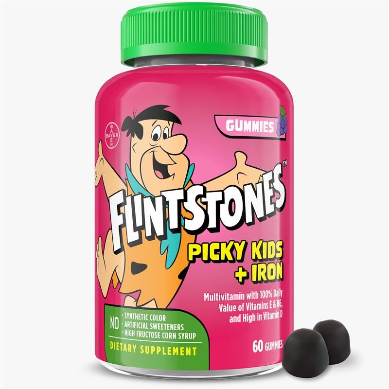 Flintstones Vitamiinid Picky Kids + Raud, Lapsed Multivitamiini Kummid Vitamiin C, D, E, B6 ja Raud, Kummi Vitamiinid, Viinamarjamaitseline, 60 Gummies