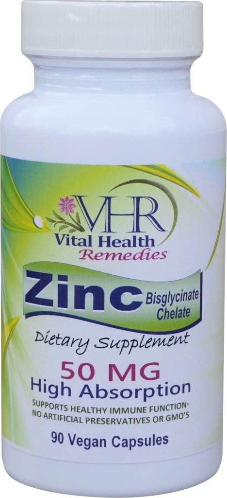 VHR ZINC Bisglycinate Chelate 50mg - Immune Support - High Absorption - No Preservatives. 90 Vegan Capsules