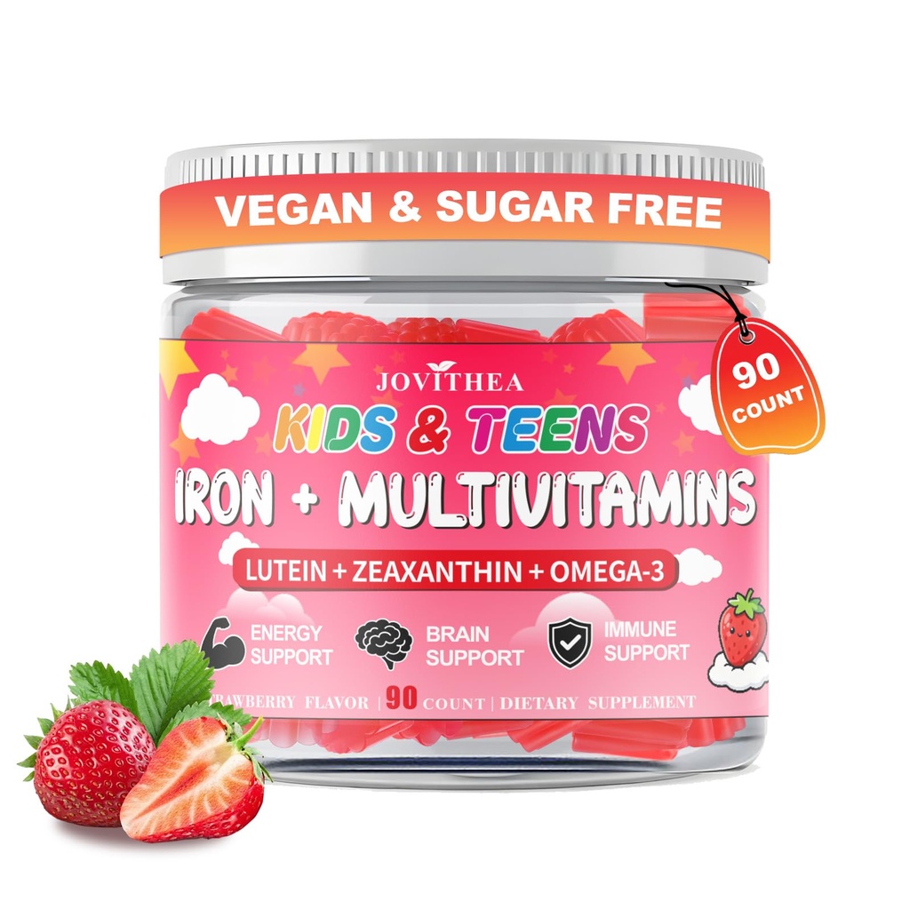 90 Krahv | Raudkummid lastele, lastele multivitamiinid kaltsiumi, tsingi, folaadi, oomega-3 ja luteiiniga, energia, immuunsuse, rauapuuduse, aneemia ja aju tervise toetamine, vegan, suhkruvaba, maasikamaitse