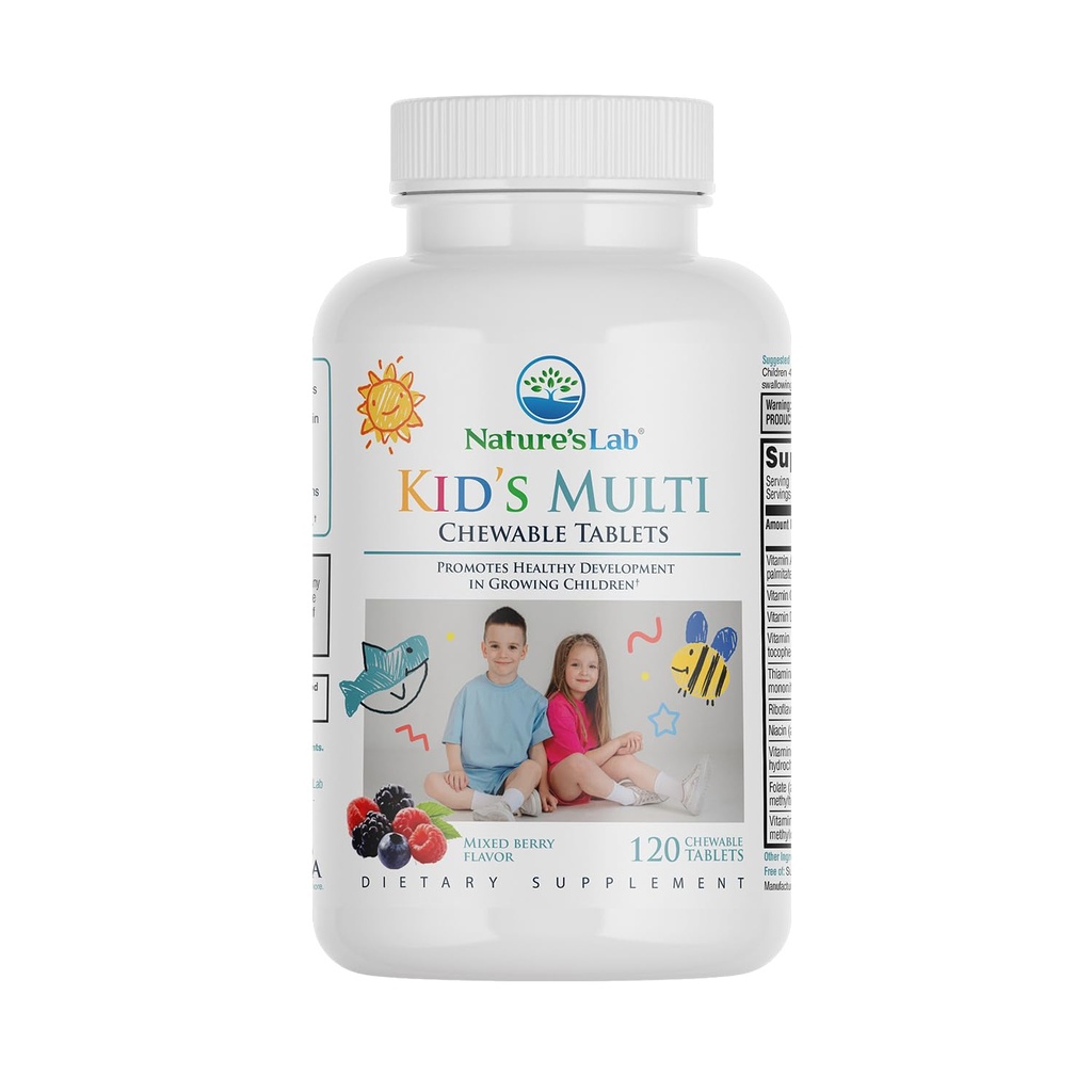 Nature's Lab Kid's Multi Natural närimistable vitamiinid - täielik laste multivitamiin raua, magneesiumi, tsingi ja kaltsiumiga - segatud marjamaitse - 120 tabletti vanuses 2+
