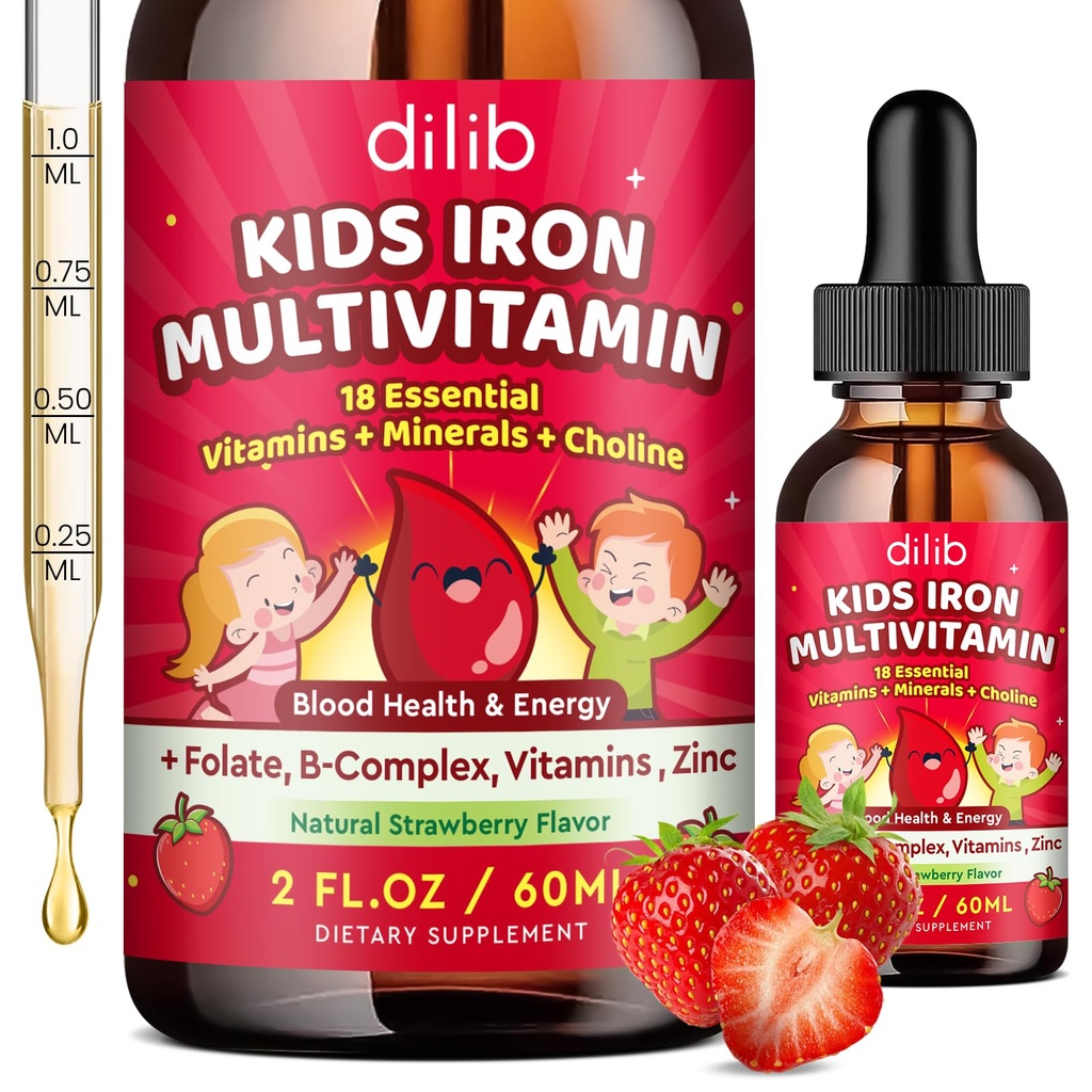 Vedel raualisand lastele, lastele Multivitamiin koos rauatilkadega tsink, B-vitamiini kompleks, folaat - vereehitaja ja energia toetamine, rauapuudus naistele, meestele, Vegan Strawberry 2 Fl Oz