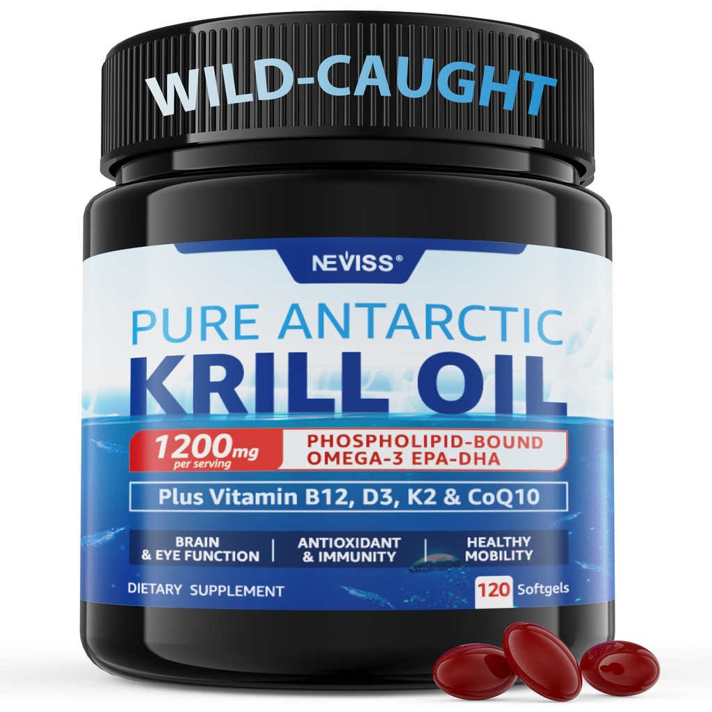 Antarktika krillõli 1200 mg Omega 3 lisand, Omega 3 krillõli Softgels w/EPA, DHA, astaksantiin & fosfolipiidid aju ja antioksüdandi jaoks, jätkusuutlikult hangitud, kala maitseta, 120 Softgels