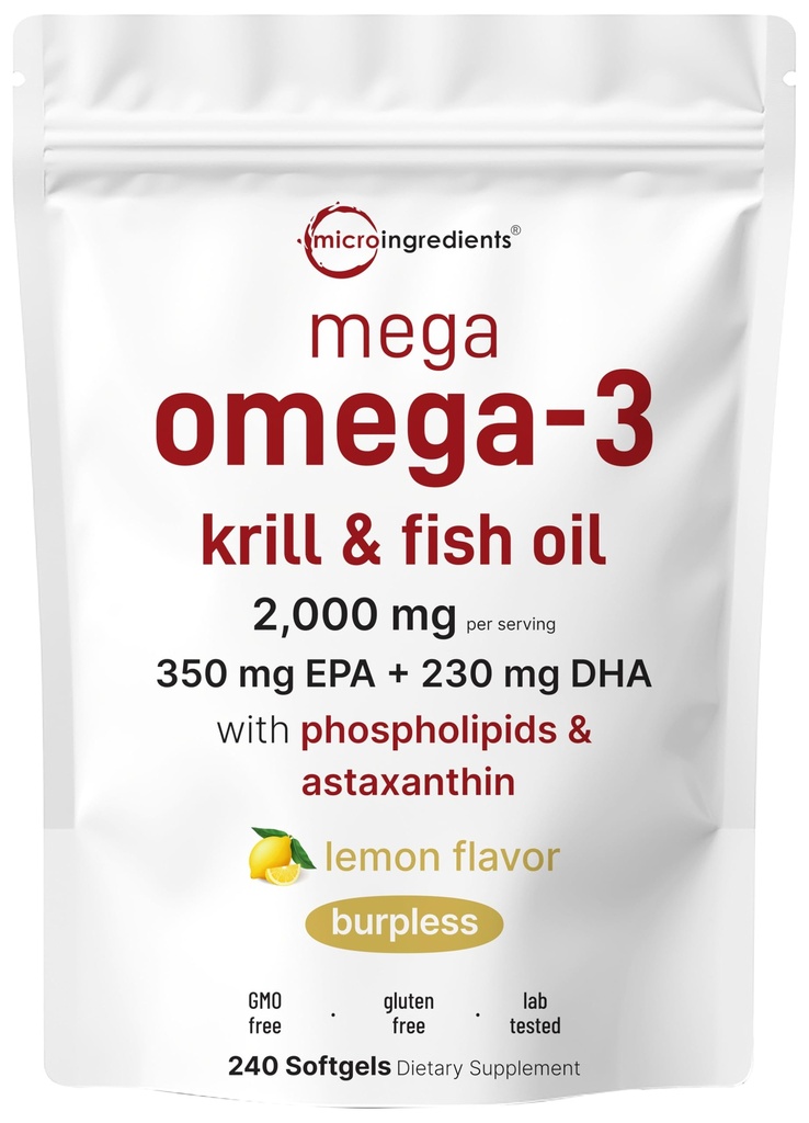 Mega Omega-3 Krill & Fish Oil 2000mg ekvivalent, 240 Softgels | Sidrunimaitseline | Burpless | Essential Fatty Acids & Astaxanthin | EPA 350mg + DHA 230mg | Heart & Brain Supplement