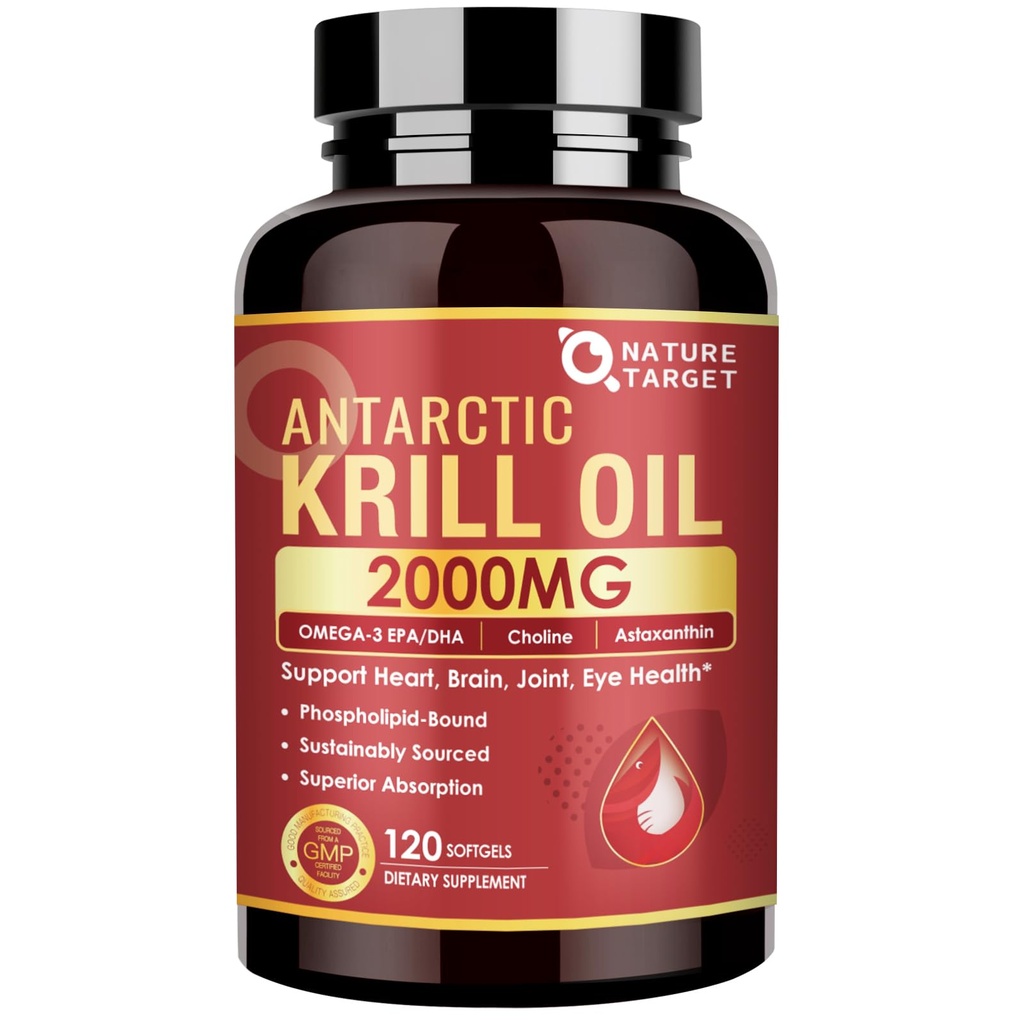 NATURE TARGET Krill Oil 2000 mg koos Omega-3 EPA & DHA astaksantiini lisandiga, koliin - toetab südant, aju, liitumist, silma tervist, mitte-GMO-d, gluteenivaba, 120 softgeeli (60 serveerimist)