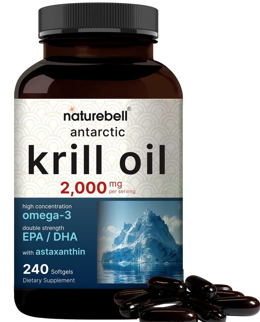NatureBell Antarktika krillõli 2000mg täiendus, 240 Softgels, 3X Tugevus Looduslik allikas Omega-3s, EPA 240mg + DHA 160mg + Astaksantiin 800mcg - No Fishy Aftertaste - Mercury Free & Non-GMO