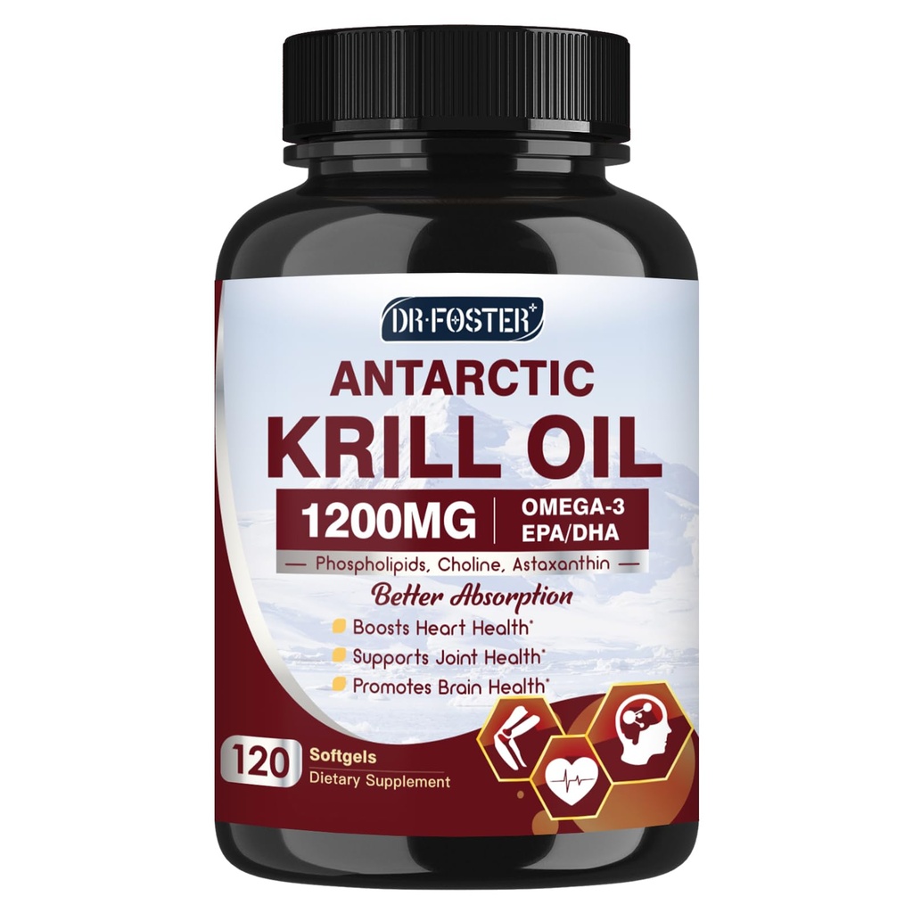 Krilliõli 1200mg, Antarktika krillõli Omega 3 täiendus EPA, DHA, astaksantiini ja fosfolipiididega südame ja aju ja liigeste tervise jaoks, ilma kala järelmaitseta, 120 Softgels (60 serveerimist)
